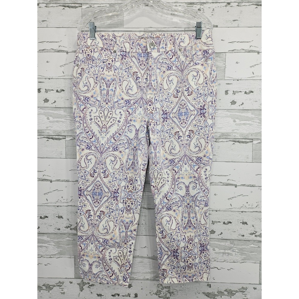 Chicos Slim Leg Crop Pants Womens 12P Paisley Purple Blue White Stretch